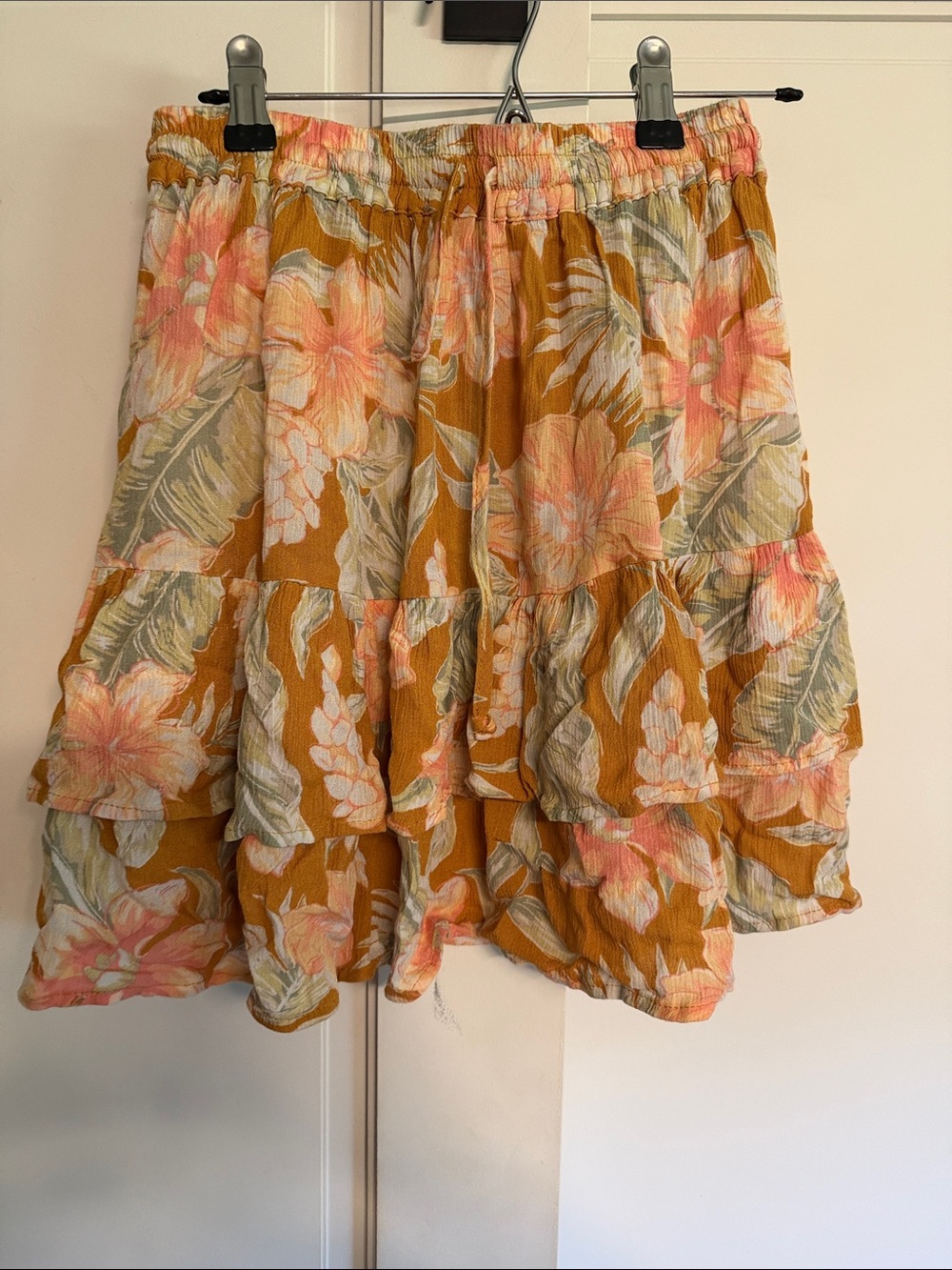 Rip Curl Mustard Floral Tiered Skirt with Pink and Green Accents